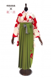  『hakama0000034』袴emma×紅一点　白に赤大梅着物に、黄緑袴